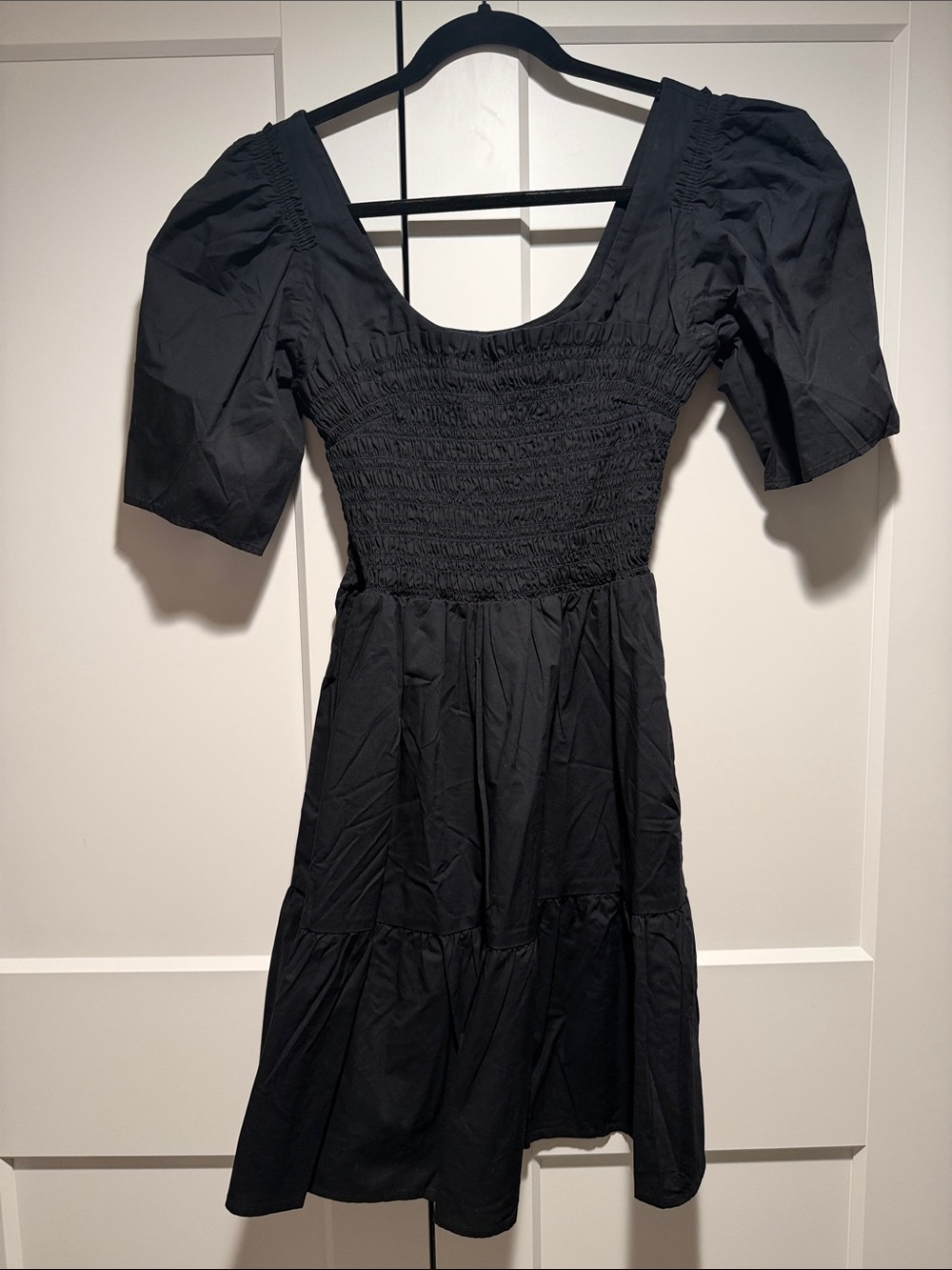 GAP Black Smocked Mini Dress with Puff Sleeves
